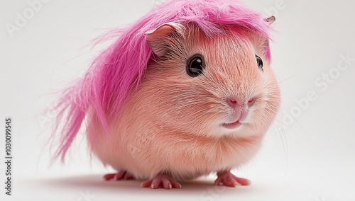 A guinea pig with pink fur is wearing punk-style wigs, against a white background photo