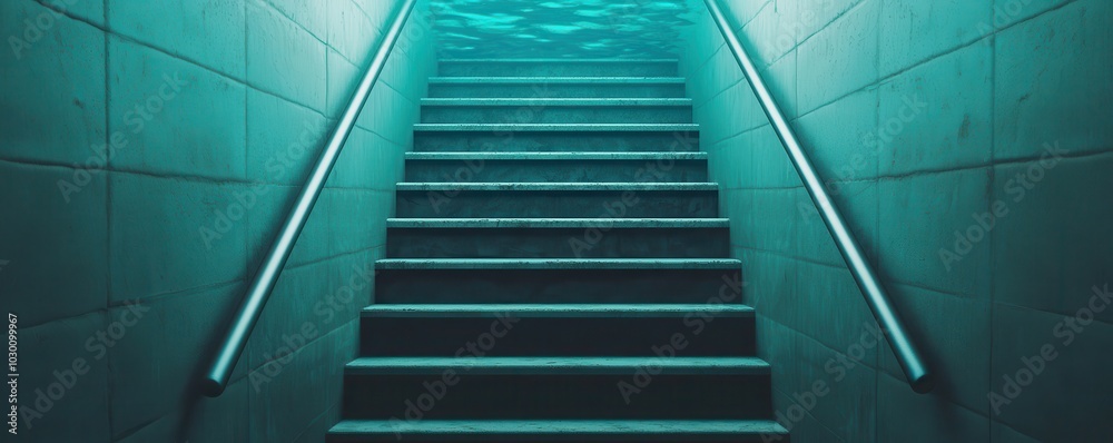 Obraz premium Flooded staircase descends into an underwater basement, revealing a submerged world of mystery and intrigue.