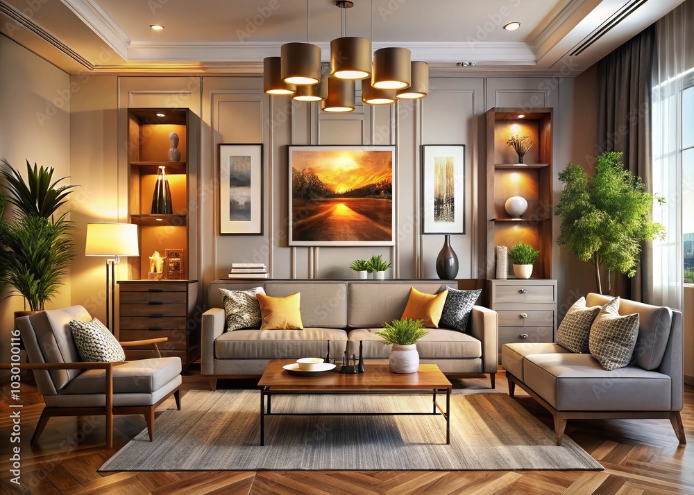 Modern 3D Interior Living Room Design with Stylish Cabinets, Artworks, and Elegant Decor for Home Decoration Inspiration Modern 3D Interior Living Room Design with Stylish Cabinets, Artworks, and Elegant Decor for Home Decoration Inspiration