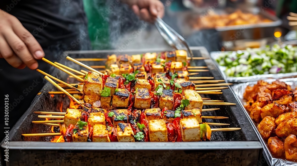 Naklejka premium Spicy grilled tofu skewers, smoky air, night market, street food snacks, vegan feast