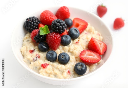 Oatmeal with Berries Bowl of oatmeal topped with berries isolate