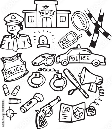 Hand drawn stock illustration of Police  with accessories and equipments, handcuffs, walkie-talkie, police aviation, police car vector flat cartoon isolated on white background