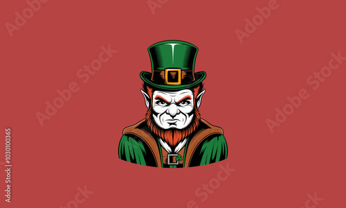 Smiling leprechaun with a green top hat and red beard.