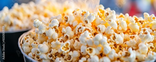 Sweet and salty kettle corn popping in a stall, street food snacks, popcorn treat photo