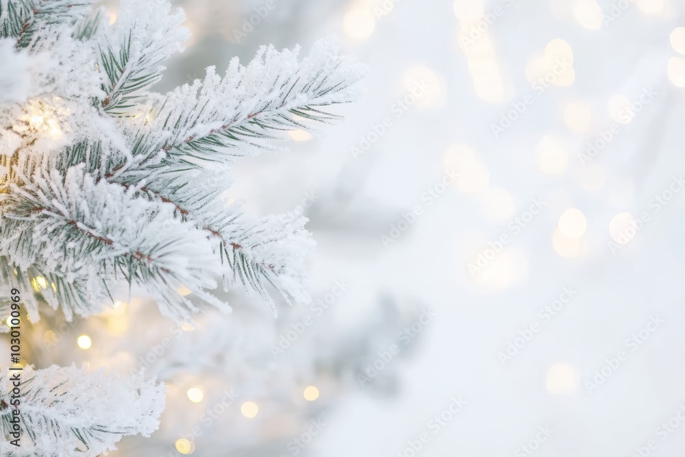 White artificial pine branches with warm glowing lights on a bright white background. White artificial pine branches with warm glowing lights on a bright white background.