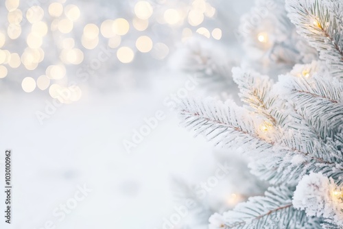 White artificial pine branches with warm glowing lights on a bright white background.