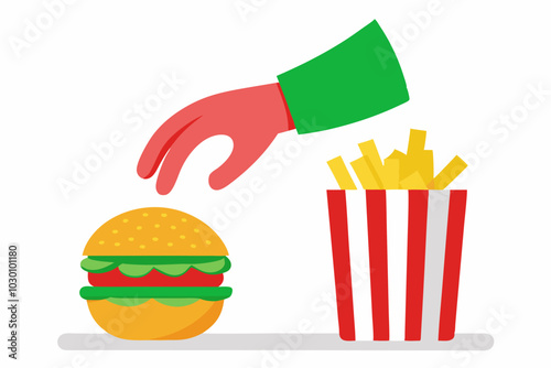 A hand with a green shirt reaching out of the screen to pick up some fries from a red and white striped paper cup, on top is an orange plate holding a burger, all set against a white background