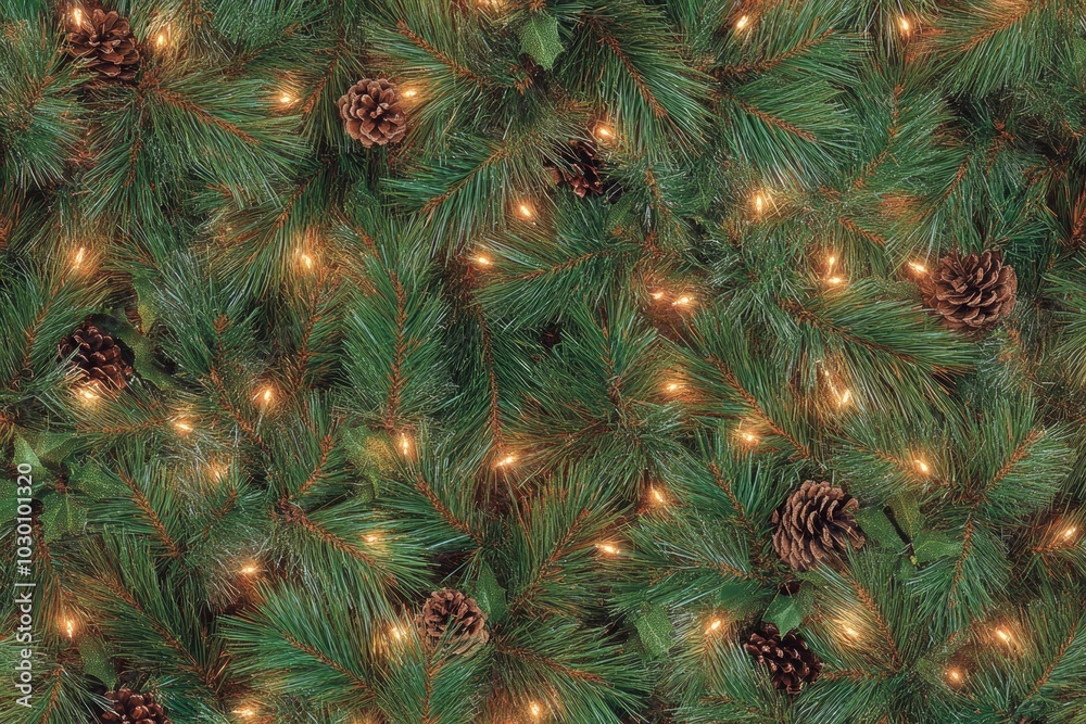 Frost-covered pine branches with glowing warm lights on a dark background. Frost-covered pine branches with glowing warm lights on a dark background.