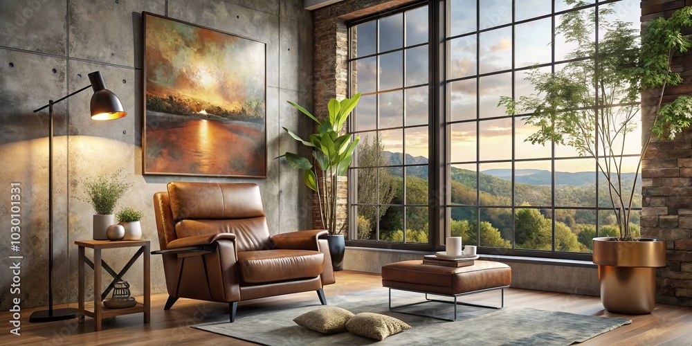 Modern Relaxation Cozy Corner with Sleek Leather Armchair in Industrial Chic Room, Abstract Art, and Nature View for Tranquil Home Decor Inspiration Modern Relaxation Cozy Corner with Sleek Leather Armchair in Industrial Chic Room, Abstract Art, and Nature View for Tranquil Home Decor Inspiration