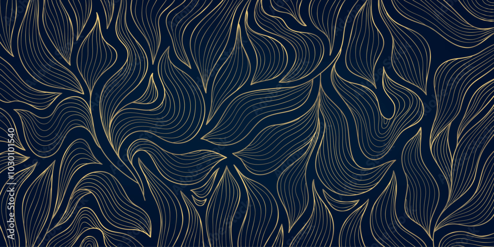 Vector art deco gold on blue leaves pattern, line luxury fancy gatsby background. Japanese style jungle foliage, wavy nouveau texture, plant wallpaper. Vector art deco gold on blue leaves pattern, line luxury fancy gatsby background. Japanese style jungle foliage, wavy nouveau texture, plant wallpaper.