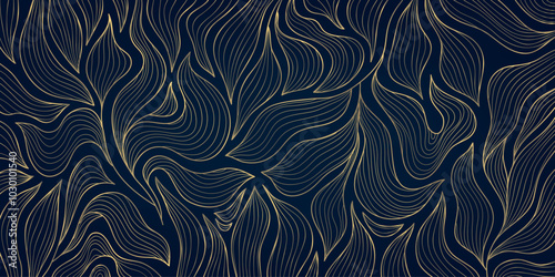 Vector art deco gold on blue leaves pattern, line luxury fancy gatsby background. Japanese style jungle foliage, wavy nouveau texture, plant wallpaper.