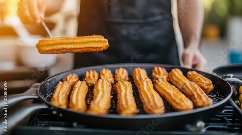 Vendor frying fresh churros, sweet scent in the air, street food snacks, crunchy delight photo