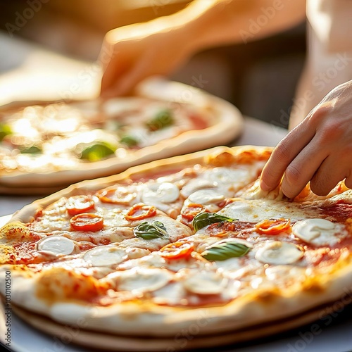 Vendor making artisanal pizzas with fresh toppings, street food snacks, Italian night snack