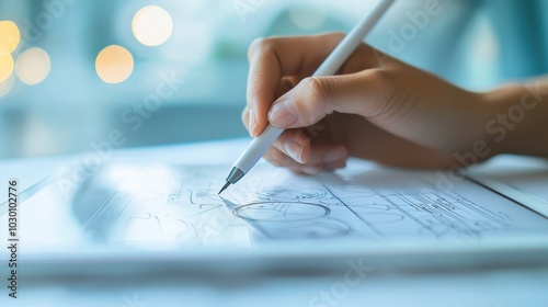 Closeup of person s hand holding pen and drawing on paper on desk with office supplies