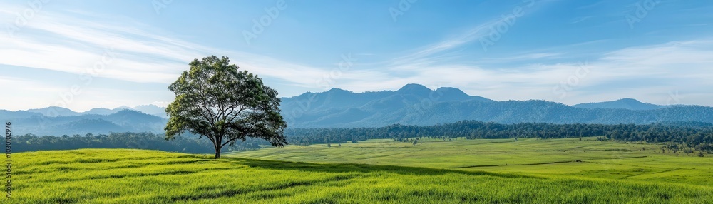 Stunning landscape featuring a solitary tree against a backdrop of rolling hills and blue sky, perfect for nature lovers. Stunning landscape featuring a solitary tree against a backdrop of rolling hills and blue sky, perfect for nature lovers.