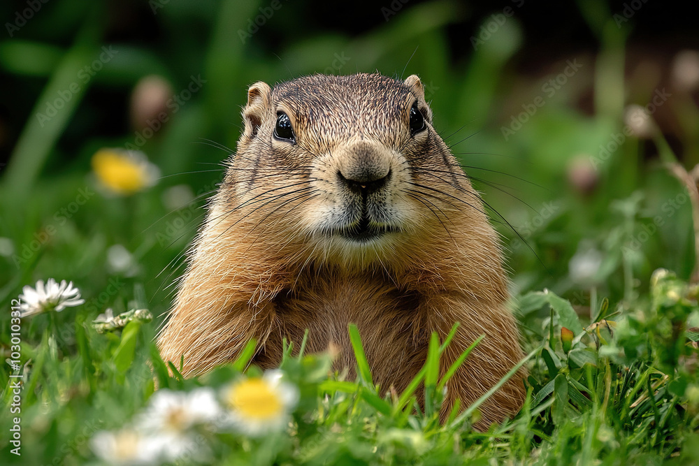 A curious marmot looks directly at the camera in the field. Generated by artificial intelligence A curious marmot looks directly at the camera in the field. Generated by artificial intelligence