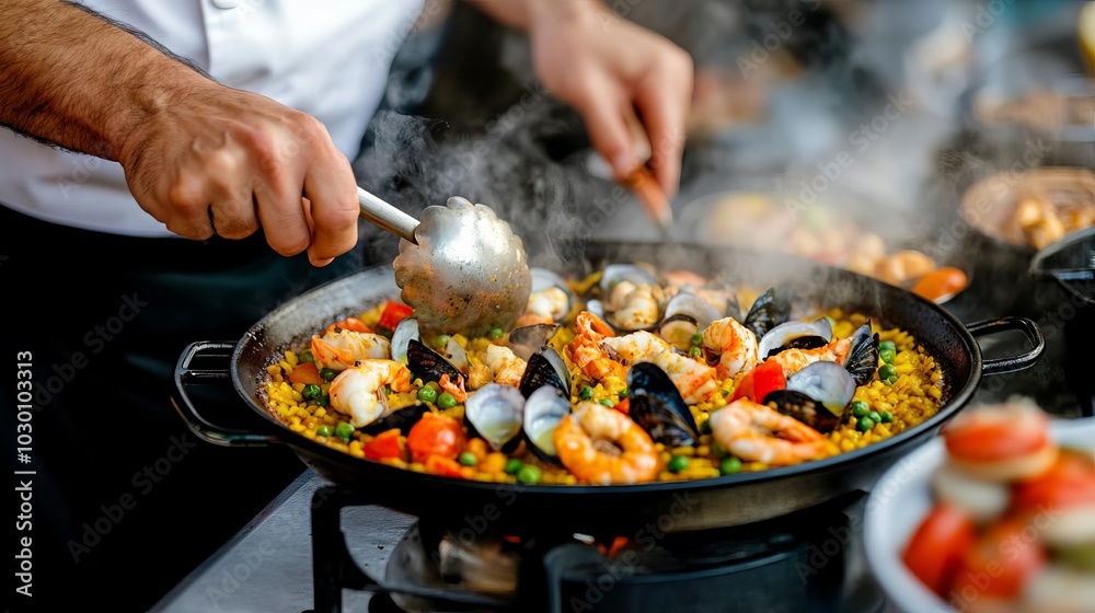 Vendor preparing hot paella with seafood, smoky air, street food snacks, Spanish feast Vendor preparing hot paella with seafood, smoky air, street food snacks, Spanish feast