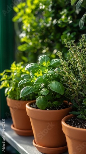 Fresh basil and thyme in garden pots.