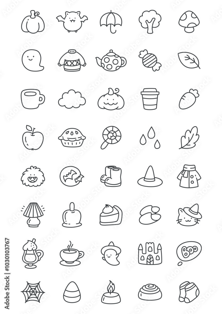 Kawaii autumn icon set. Collection of cute hand drawn monochrome illustrations of autumn clothes, falling leaves, sweets and decorations isolated on a white background. Vector 10 EPS. Kawaii autumn icon set. Collection of cute hand drawn monochrome illustrations of autumn clothes, falling leaves, sweets and decorations isolated on a white background. Vector 10 EPS.