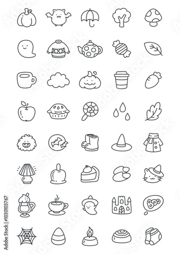 Kawaii autumn icon set. Collection of cute hand drawn monochrome illustrations of autumn clothes, falling leaves, sweets and decorations isolated on a white background. Vector 10 EPS.