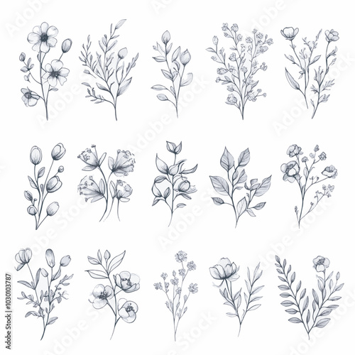 Botanical Illustrations ,Hand-Drawn Ornamental and Wild Flowers