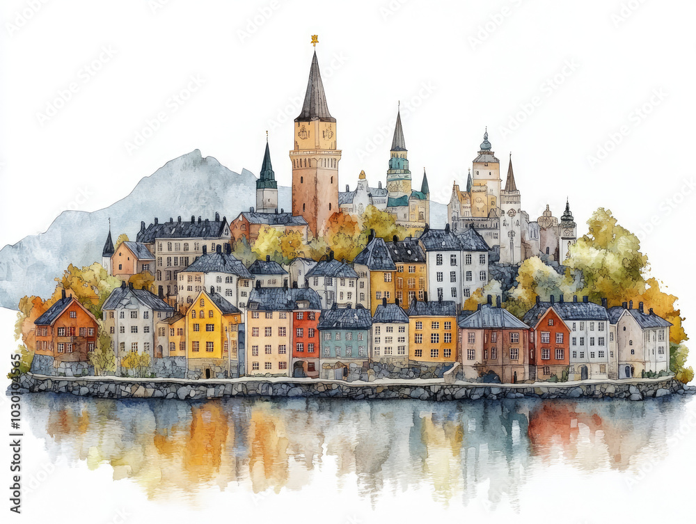 Obraz premium Scenic Norwegian village with mountains and water reflections
