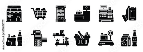 Grocery thin icon set. Containing shop, cart, storage, counter, cashier machine