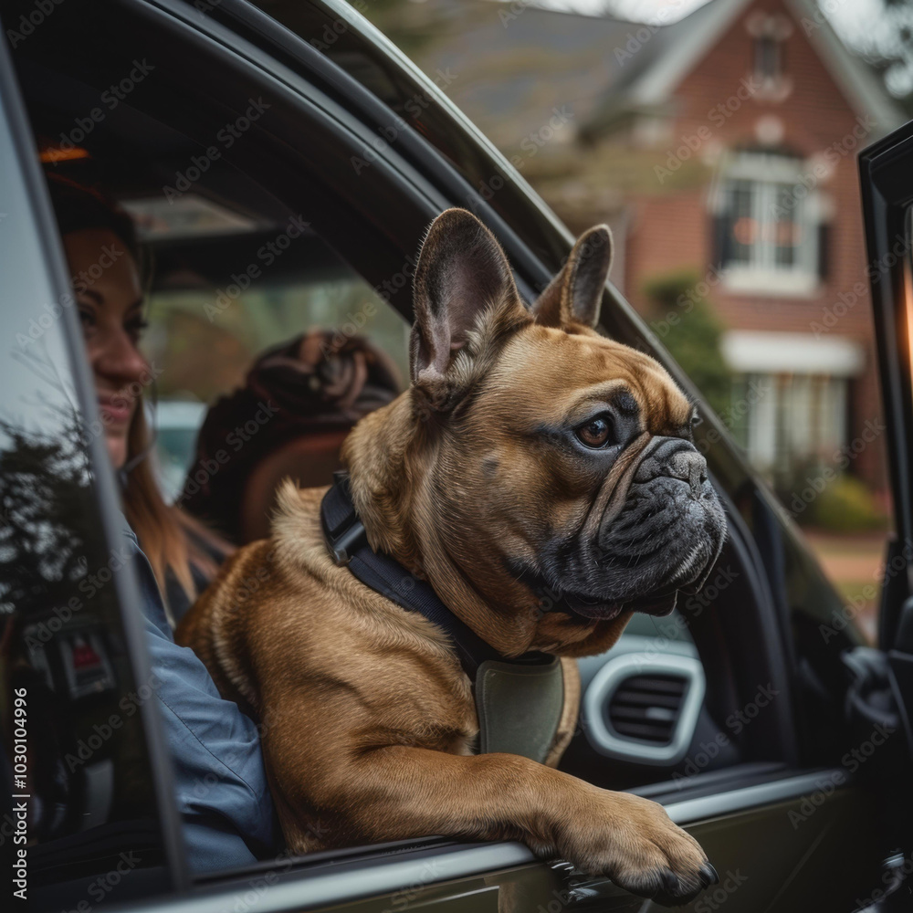 Φωτογραφία A dog looks out the window of a car. AI.