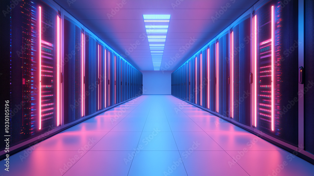 A futuristic data center corridor illuminated with vibrant blue and pink lights, showcasing rows of server racks and sleek flooring, representing the heart of modern technology inf A futuristic data center corridor illuminated with vibrant blue and pink lights, showcasing rows of server racks and sleek flooring, representing the heart of modern technology inf