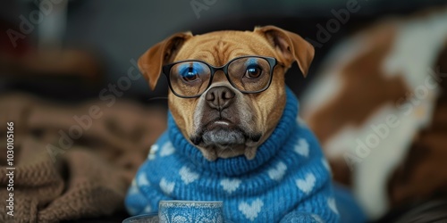 A dog wearing glasses and a sweater. AI.