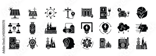 Renewable Energy thin icon set. Containing Solar Panel, Renewable Energy, Green Energy, Electrical Energy, Hydropower Energy