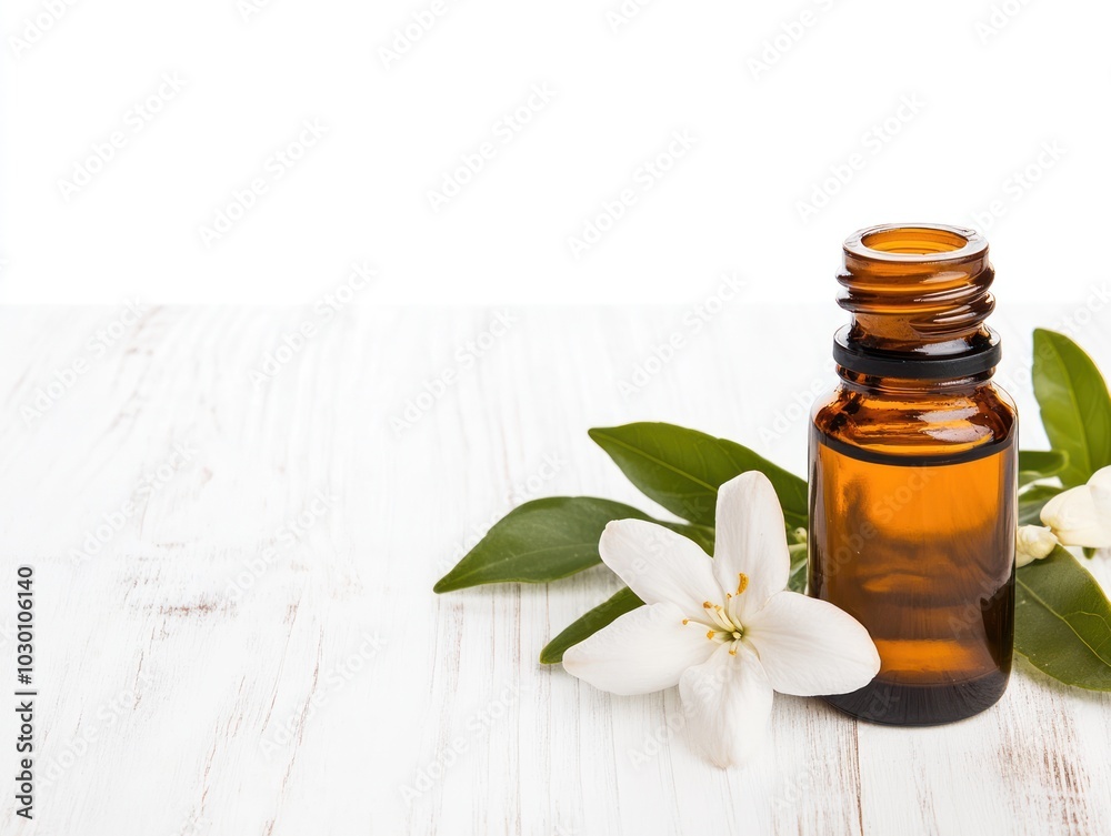 Natural essential oil in brown glass bottle surrounded by green leaves and white flowers on a rustic wooden surface Natural essential oil in brown glass bottle surrounded by green leaves and white flowers on a rustic wooden surface