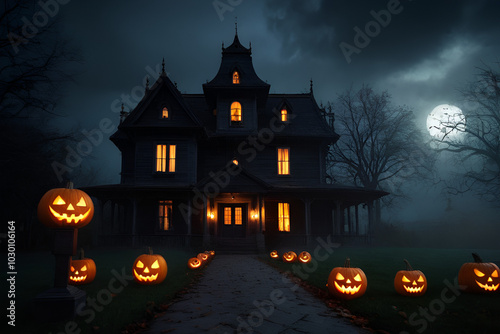 Haunted House with Pumpkins and Full Moon on Halloween Night