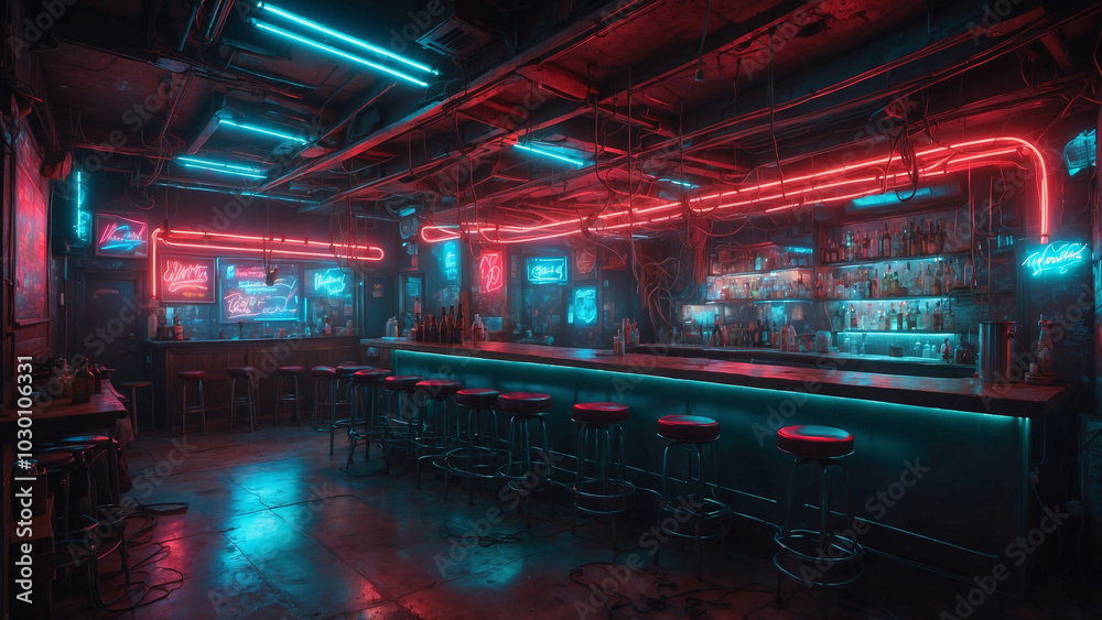 Twisting Wires with Neon Red and Cyan Lights Hanging in Technological Space Twisting Wires with Neon Red and Cyan Lights Hanging in Technological Space