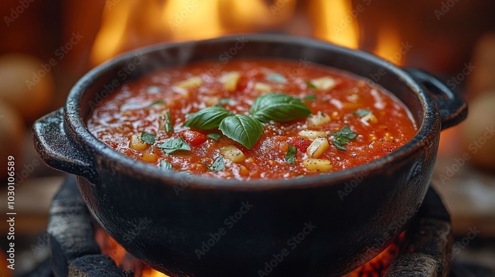 A warm pot of tomato soup with herbs.