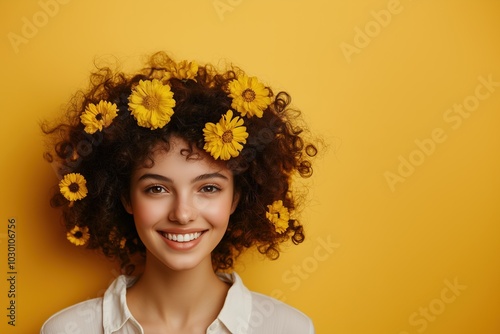 A cheerful woman with curly hair adorned with flowers smiles against a vibrant yellow background photo