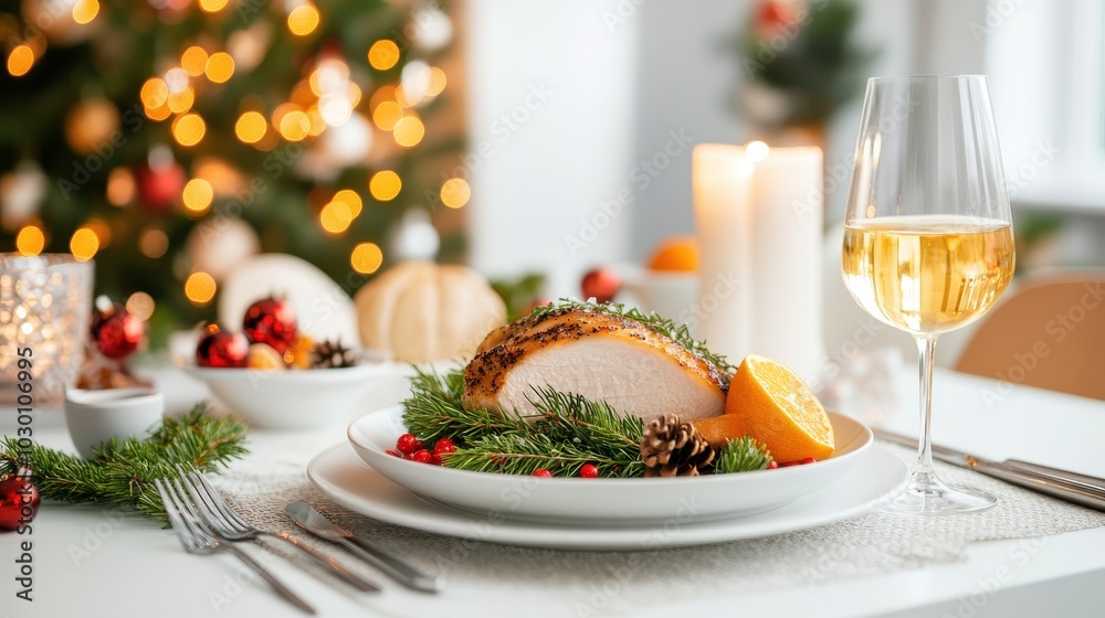Delicious festive meal with turkey on white plate, decorated for the holiday season. Delicious festive meal with turkey on white plate, decorated for the holiday season.
