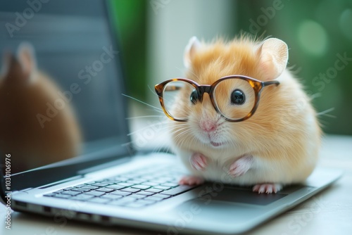 A cute hamster with oversized reading glasses sitting on a laptop keyboard.