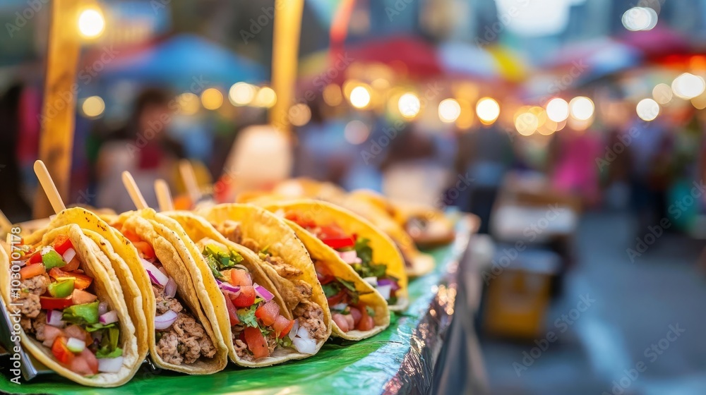 Close-up of fresh tacos, colorful city street, busy night market Close-up of fresh tacos, colorful city street, busy night market