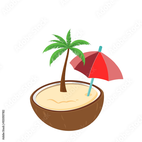 Palm tree with a beach umbrella growing out of a coconut shell.