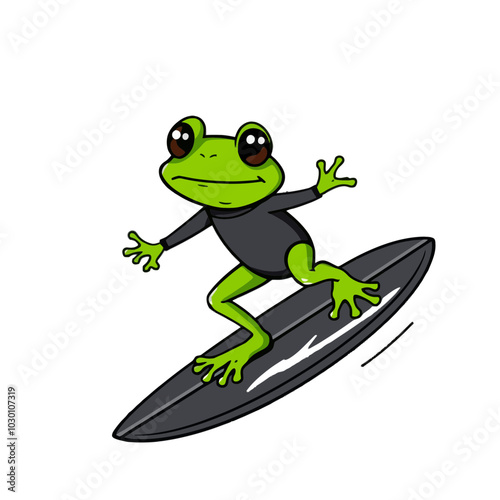 Cute cartoon frog in wetsuit surfing on a wave. Illustration for kids, nature, adventure, and sports.