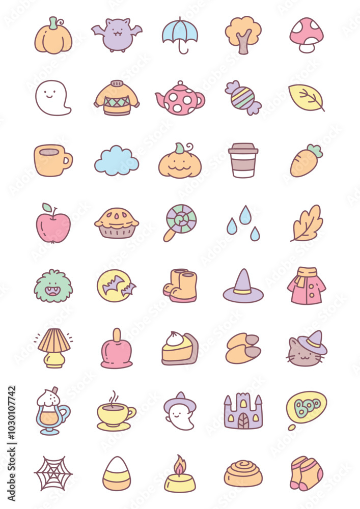Kawaii autumn icon set. Collection of cute hand drawn illustrations of autumn clothes, falling leaves, sweets and decorations isolated on a white background. Vector 10 EPS. Kawaii autumn icon set. Collection of cute hand drawn illustrations of autumn clothes, falling leaves, sweets and decorations isolated on a white background. Vector 10 EPS.