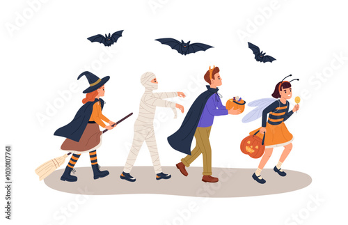 Children in masquerade costumes: witch, mummy, devil. Kids disguised for Halloween carnival go to the party. Boys, girls with pumpkin, broom, bat. Flat isolated vector illustration on white background