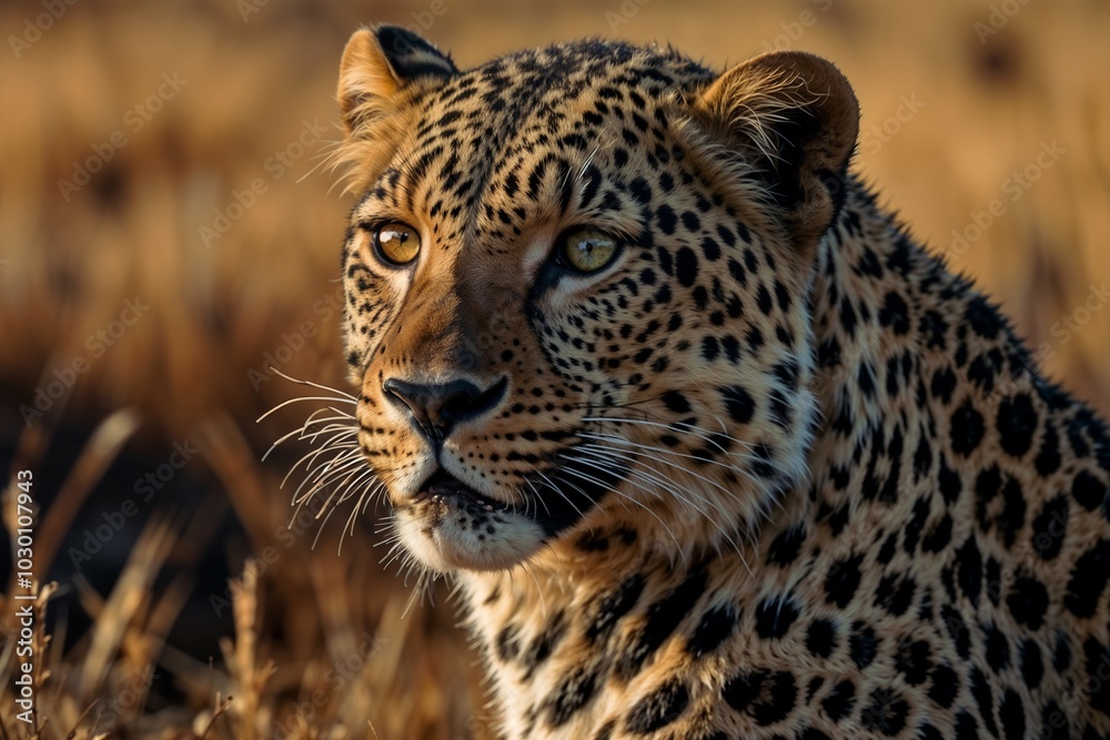Stunning close-up of a leopard with piercing eyes and beautiful spotted fur in natural habitat Stunning close-up of a leopard with piercing eyes and beautiful spotted fur in natural habitat