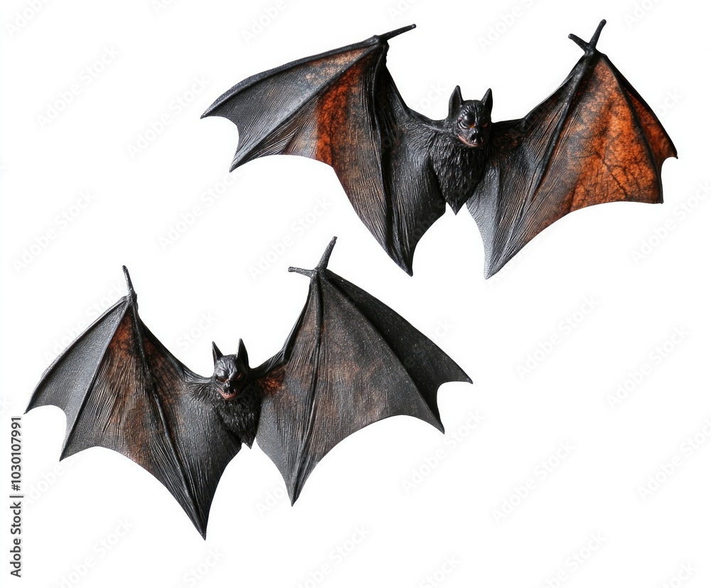 Two realistic black bats with brown wings, perfect for Halloween decoration or creating a spooky atmosphere. The bats are detailed, showing texture and a gothic style Two realistic black bats with brown wings, perfect for Halloween decoration or creating a spooky atmosphere. The bats are detailed, showing texture and a gothic style