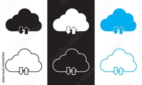Cloud download icon with arrow down symbol, save import icon, data storage database icons button.  Vector illustration isolated on white and black background. EPS 10