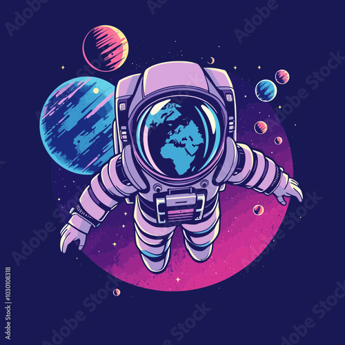 Astronaut floating in space with earth reflected in the visor