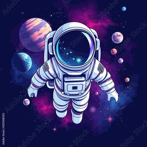 Astronaut floating in space among planets and nebula