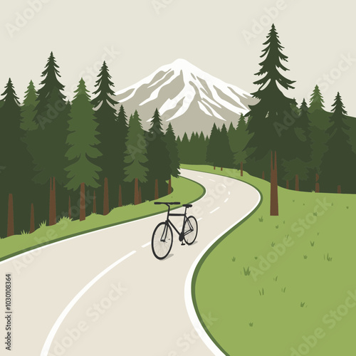 Bicycle on a mountain road surrounded by lush greenery and a snow capped mountain peak in the distance