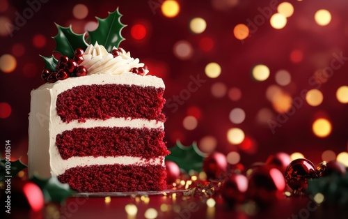 Delicious red velvet cake slice decorated for festive celebrations.